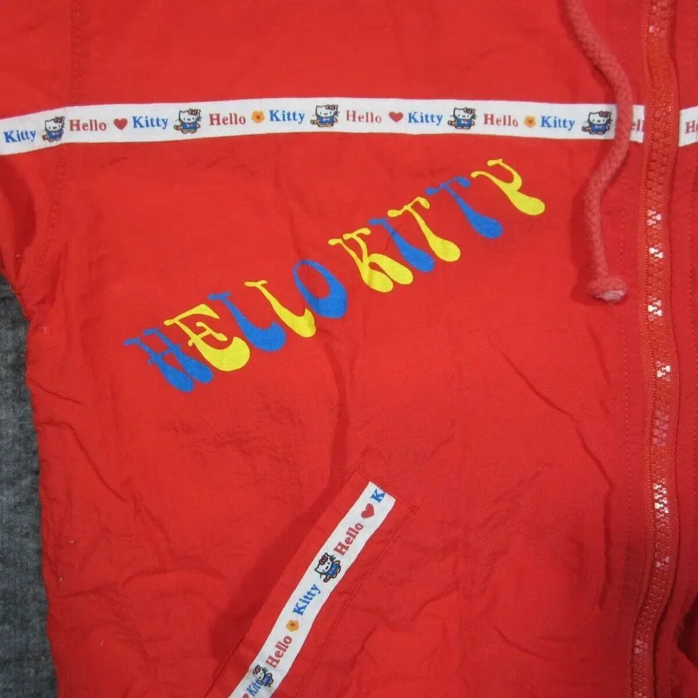 Hello Kitty Jacket Girls 14 Red Windbreaker Full Zip Convertible Backpack Hooded